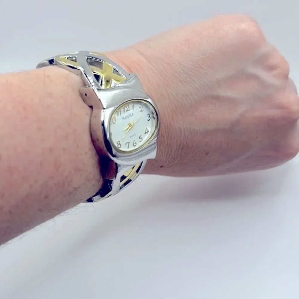Working! Peck & Peck Two Tone Braided Metal Cuff Bracelet Watch